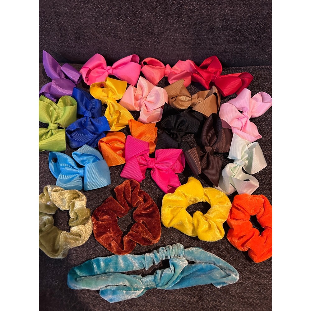 Hair Accessories Lot: Bows, Scrunchies & Velvet‎ Headband with Marble Makeup Bag